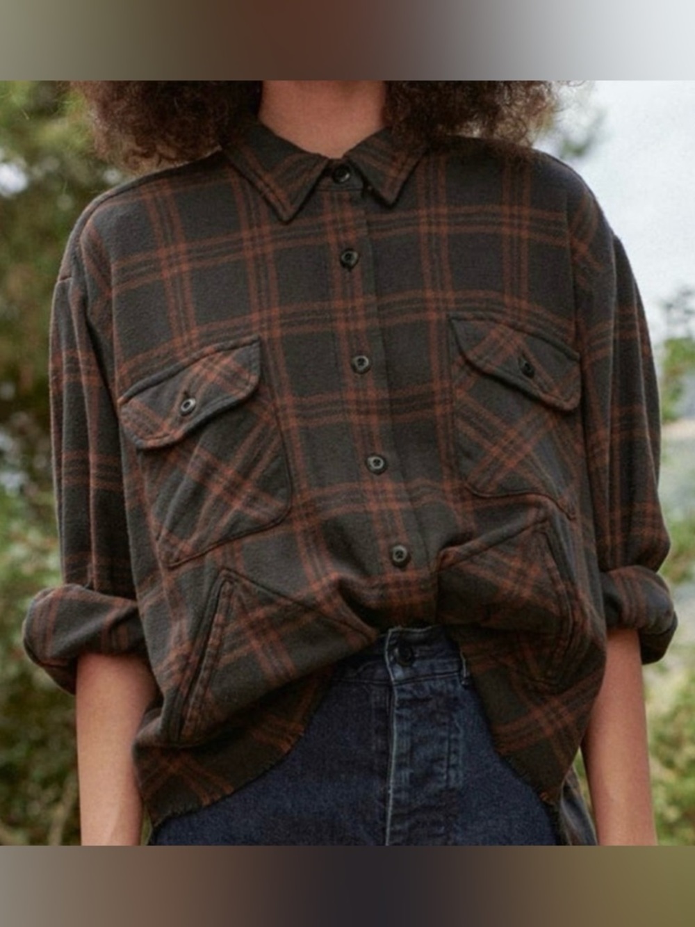 THE GREAT. Dark Green and Brown Plaid Button-Up Shirt